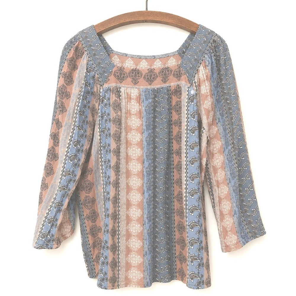 Como Blu Blouse Size L Square Neck Blouse Patchwork Multicolor Boho Hippie Folk